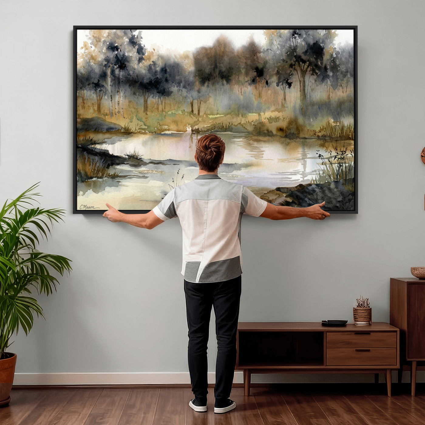 27383609-MGV-CV-36X24 - Abstract WatercolorAutumn Lake Canvas Wall Art Print, Misty Forest Landscape, Rustic Nature Painting, Cabin Wall Decor, Ready to Hang