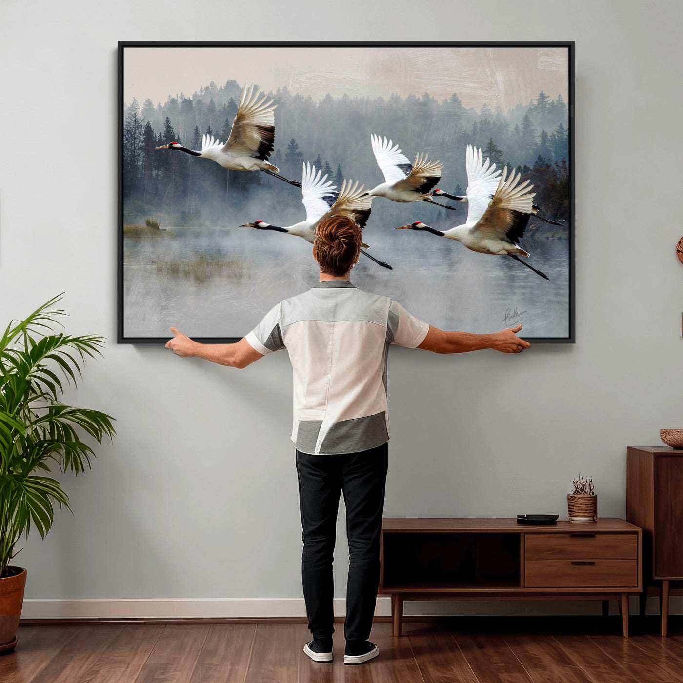 24356826-MGV-CV-36X24 - Flying Crane Canvas Wall Art Print, White Crane Bird Artwork, Wildlife Nature Decor, Lake Landscape Canvas, Ready to Hang