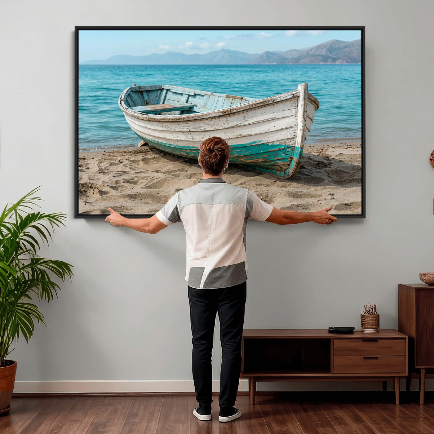 49963709-MGV-CV-36X24 - Coastal Boat Canvas Wall Art Print, Beach Boat Painting, Nautical Ocean Decor, Seascape Wall Art, Ready to Hang