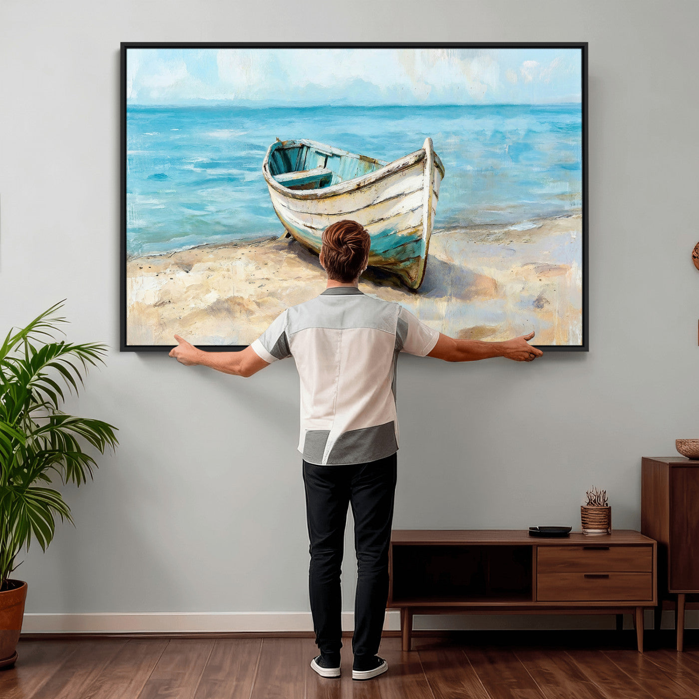 14780565-MGV-CV-36X24 - Coastal Boat Canvas Wall Art Print, Beach Boat Painting, Nautical Ocean Decor, Seascape Wall Art - Ready to Hang