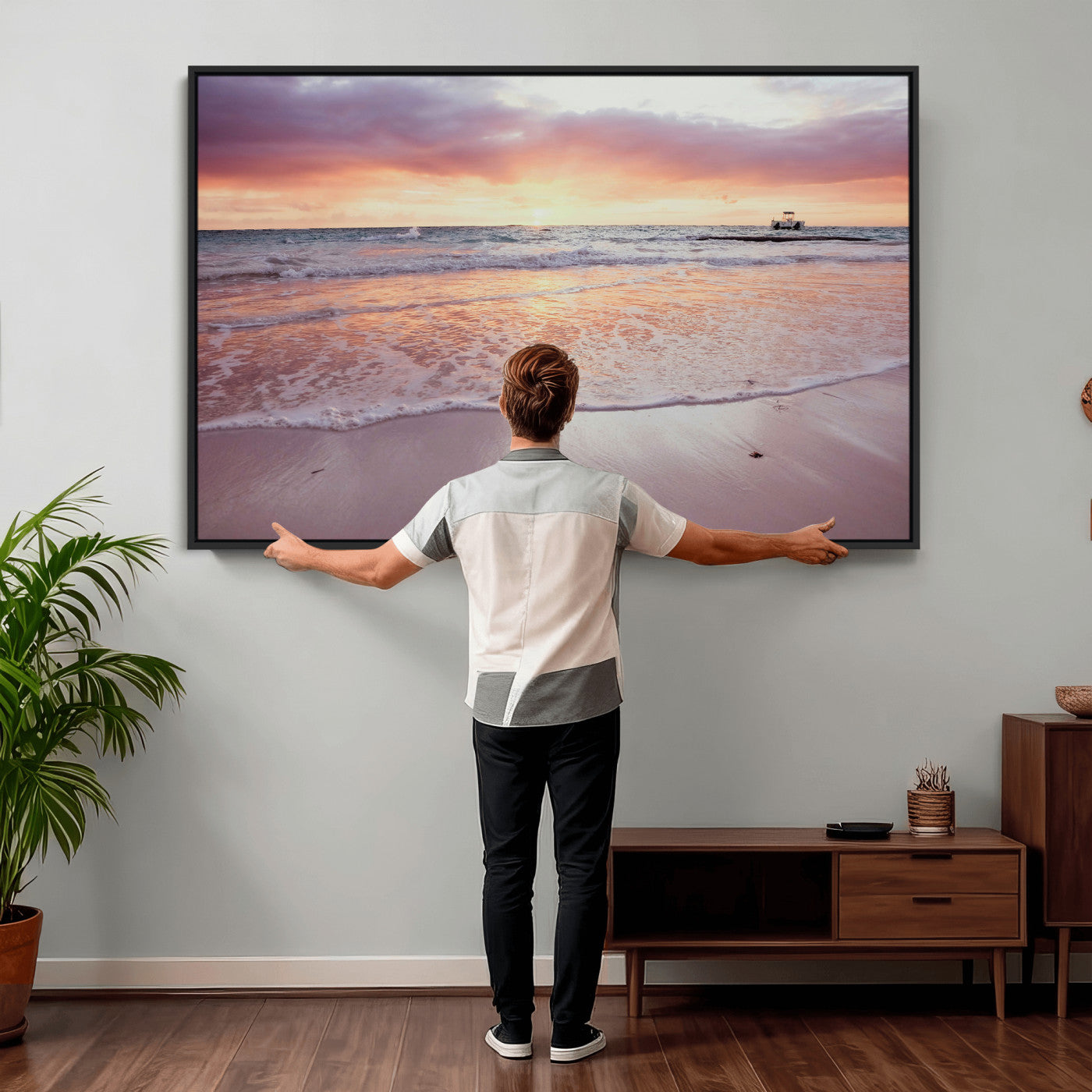 44765395-MGV-CV-36X24 - Beach Sunset Canvas Wall Art Print, Ocean Waves Landscape, Coastal Photography, Seascape Wall Decor, Ready to Hang