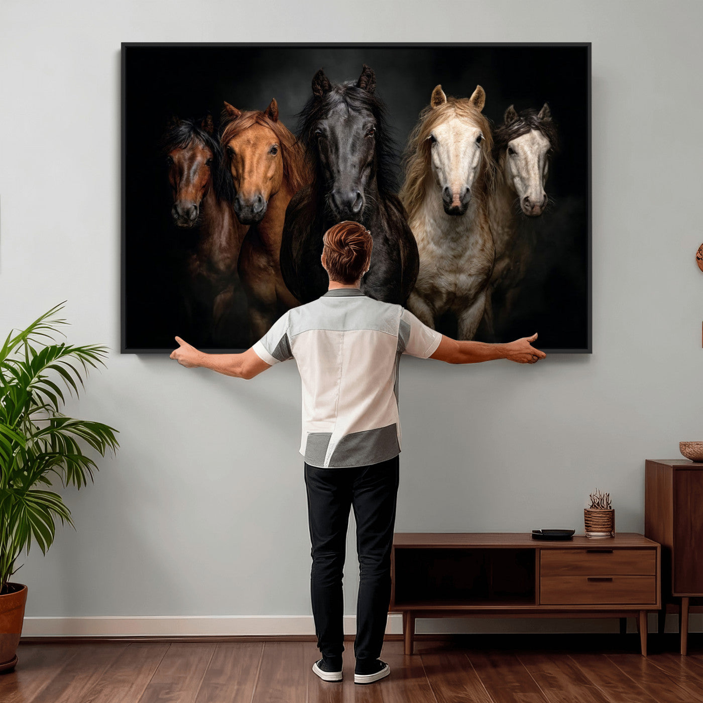 77696206-MGV-CV-36X24 - Horse Wall Art Canvas Print, Wild Horses Portrait Photography, Animal Horse Decor, Black Brown White Horse Herd, Rustic Ranch Art
