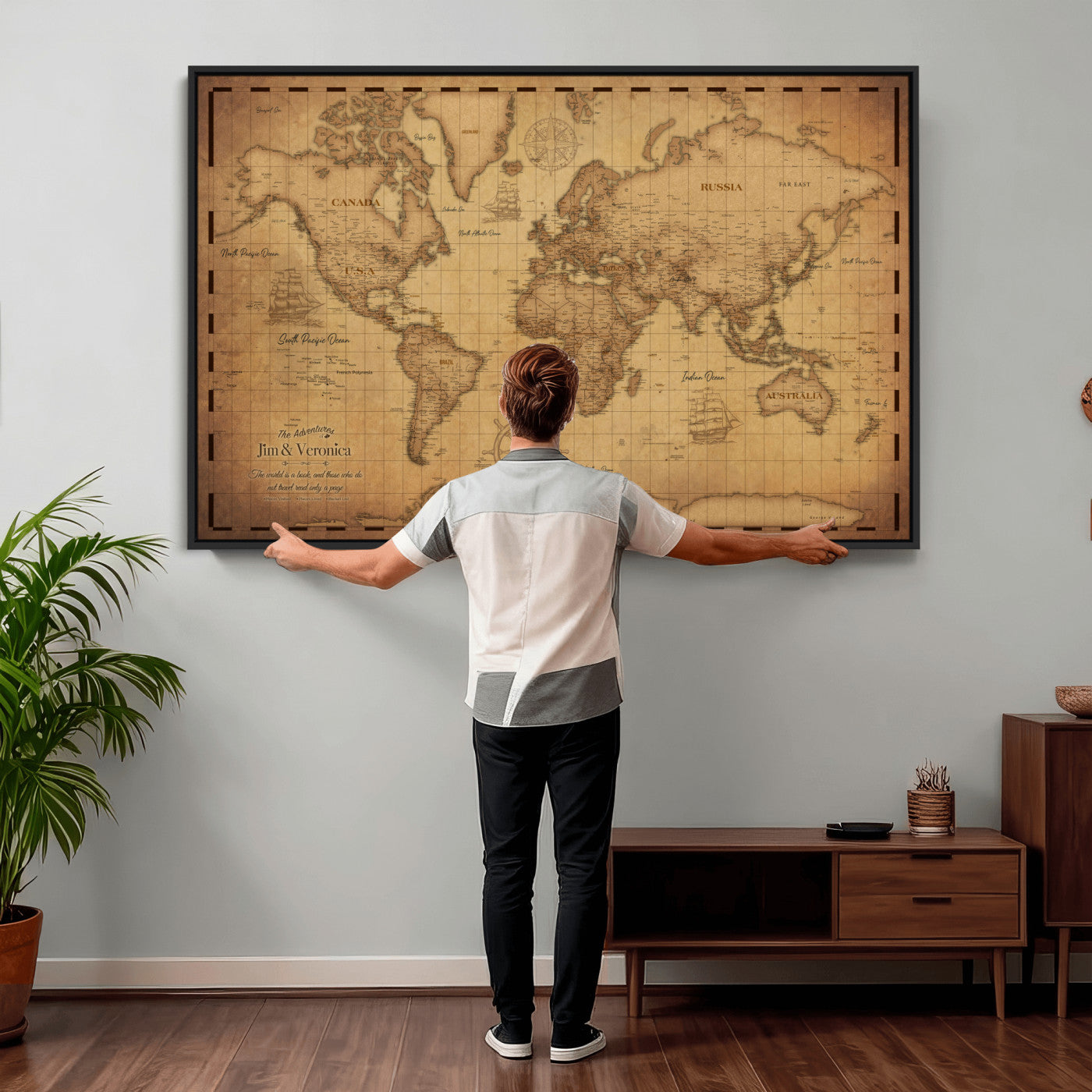 55328610-MGV-CV-36X24 - Personalize Push Pin World Map Wall Art Print - Vintage Travel Map Canvas, Custom Names Anniversary Gift, Places Visited Pin Board