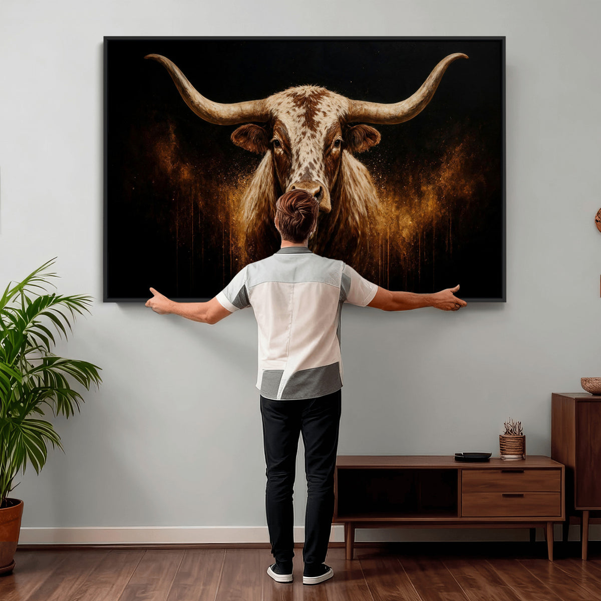 62076449-MGV-CV-36X24 - Texas Bull Cow Longhorn Canvas Wall Art Moody Western Bull Oil Painting Print