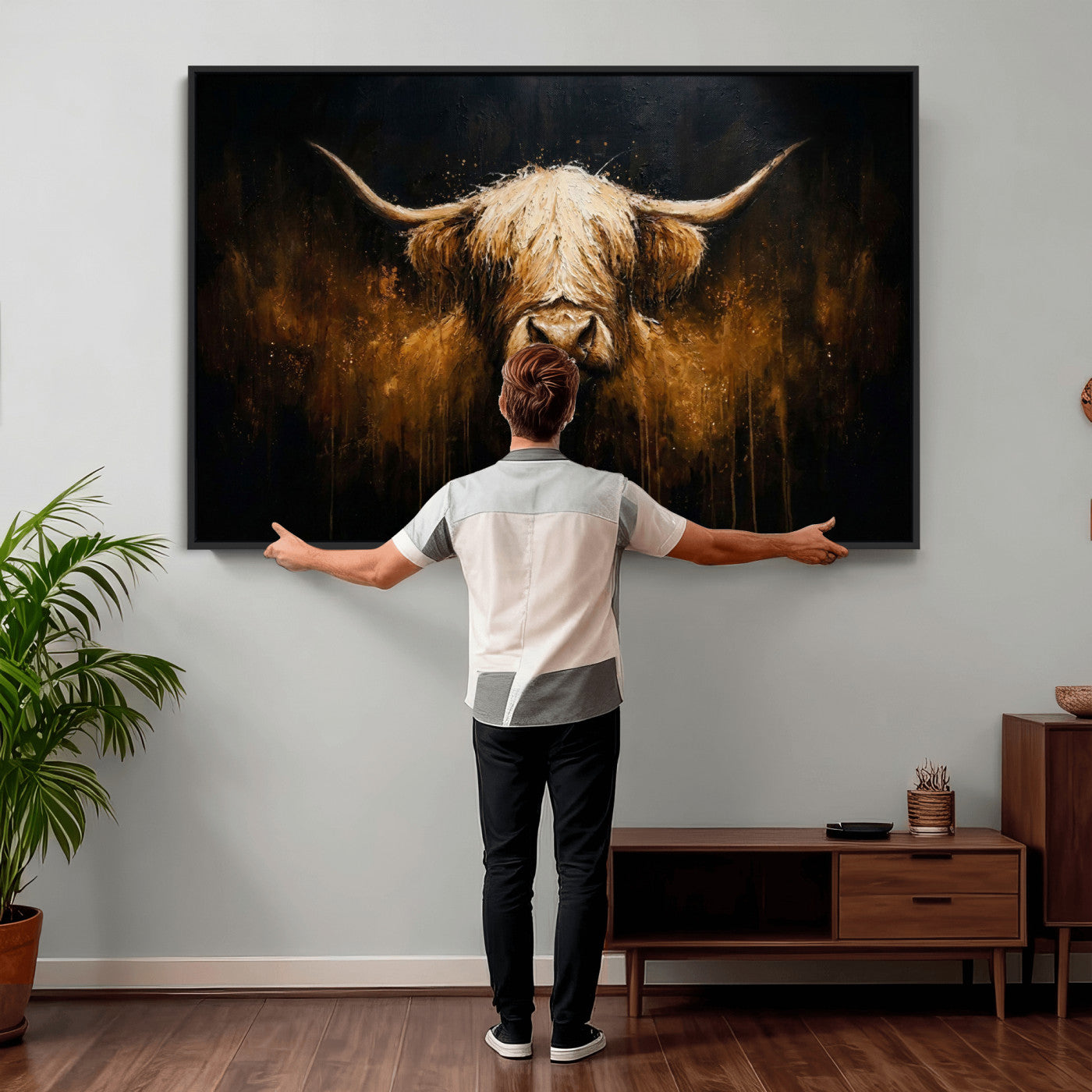 79873059-MGV-CV-36X24 - Rustic Highland Cow Canvas Print Dark Farmhouse Cattle Wall Decor