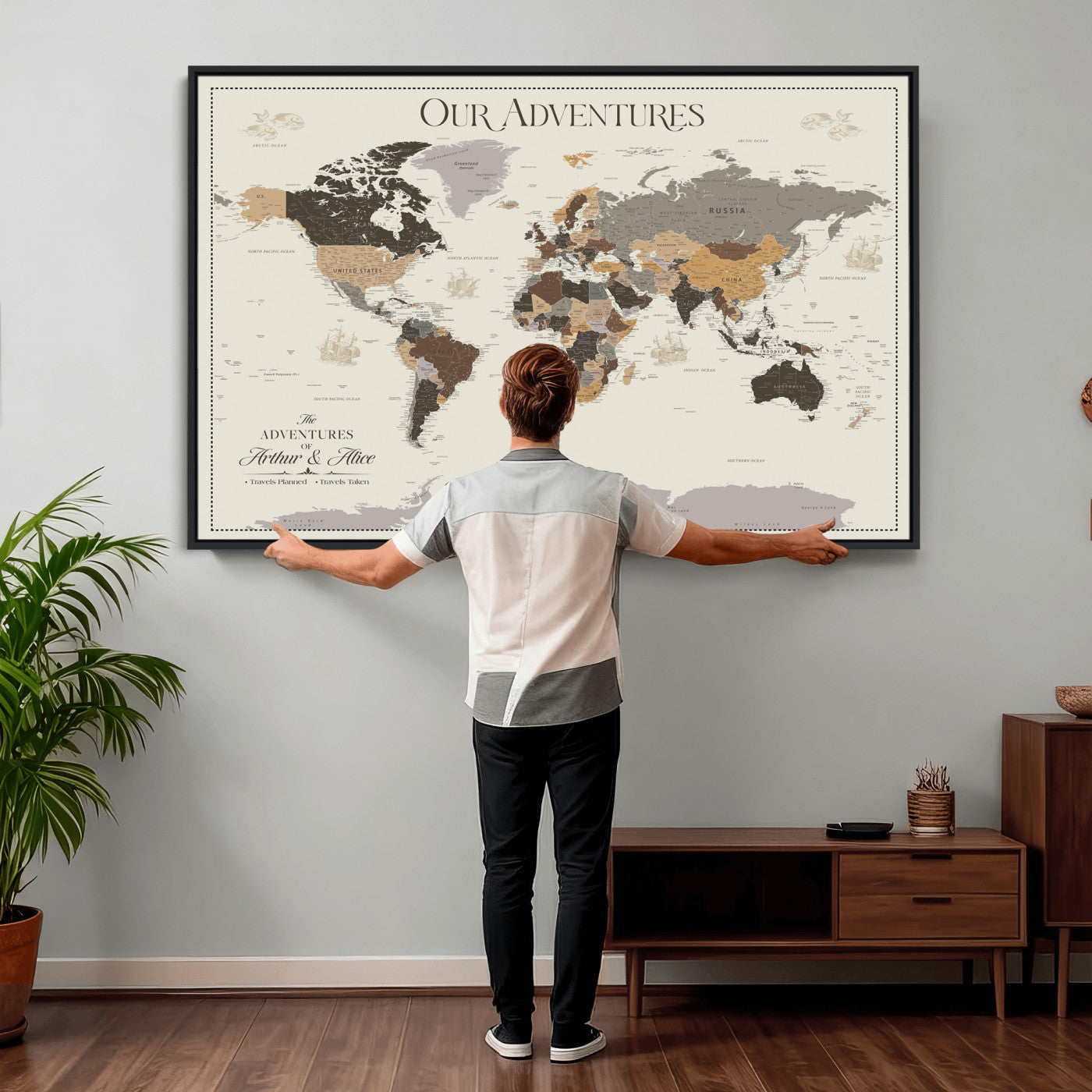 58777746A-MGV-CV-36X24 - Push Pin Customize World Map Wall Art Canvas Print, Modern Decorative Framed Map Artwork Prints for Living Room, Office, Bedroom Wall Decor