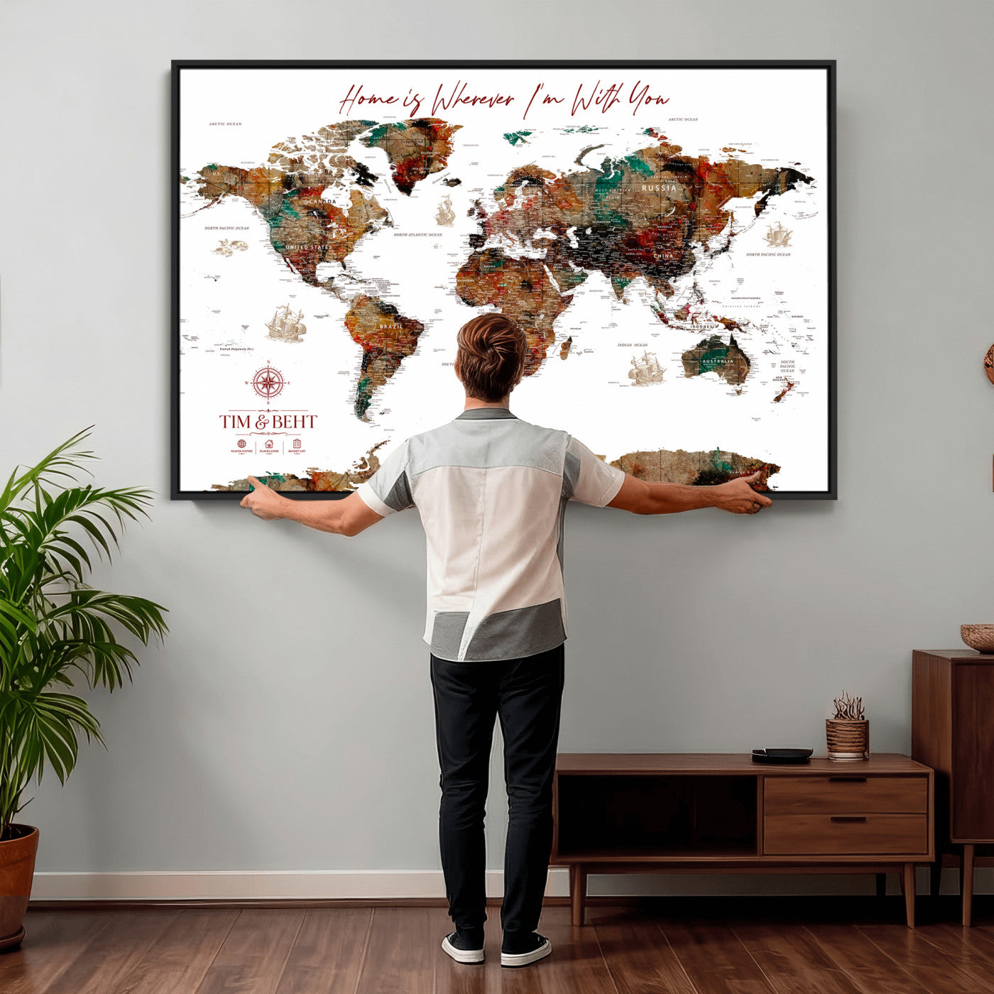 116MESUT-MGV-CV-36X24 - Custom Push Pin World Map Canvas Print – Personalized Travel Map Wall Art