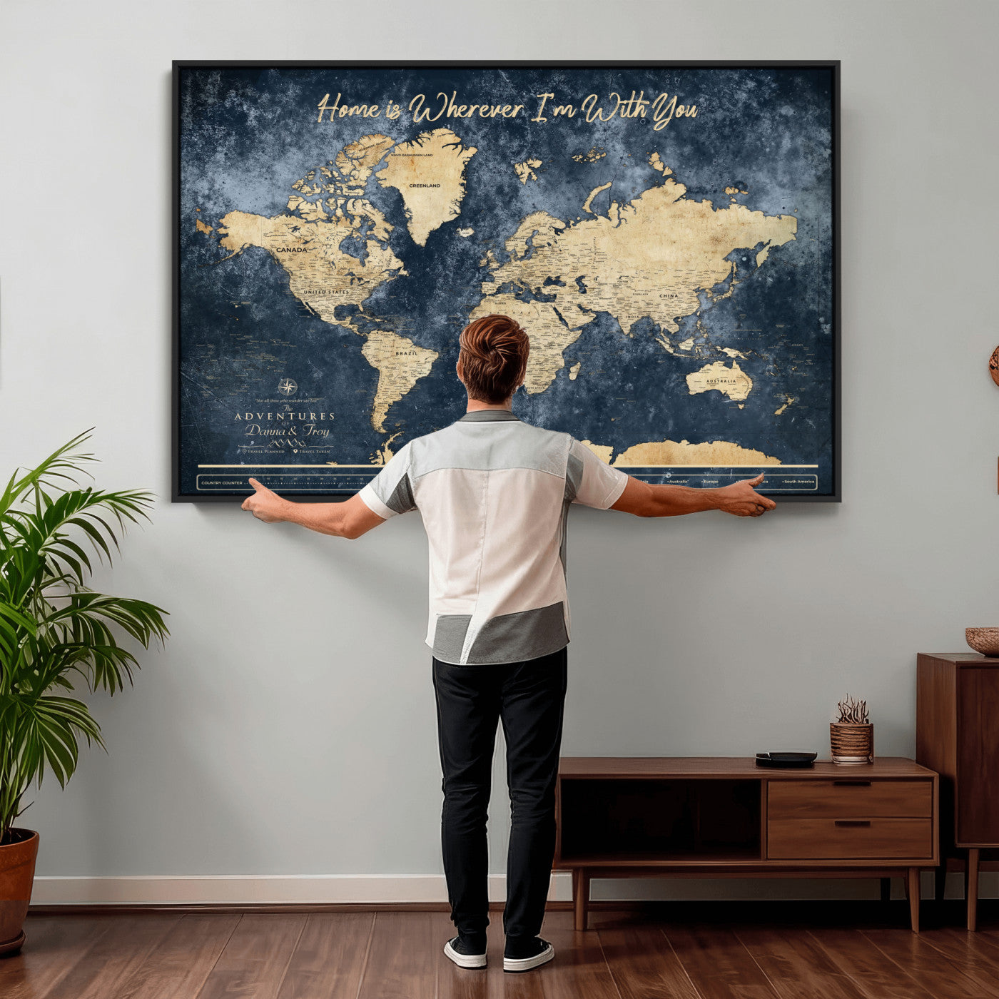 400867BL-MGV-CV-36X24 - Framed Blue Custom Push Pin World Map Canvas Print – Personalized Travel Map Wall Art