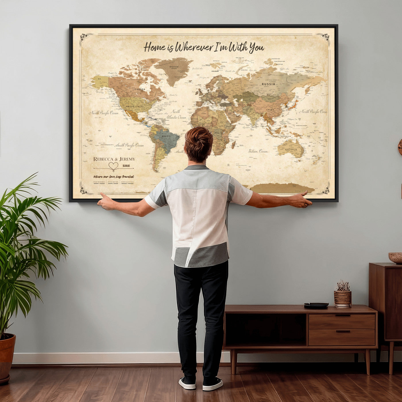 40086165-MGV-TP-30X20 - Framed Vintage Custom Push Pin World Map Canvas Print – Personalized Travel Map Wall Art