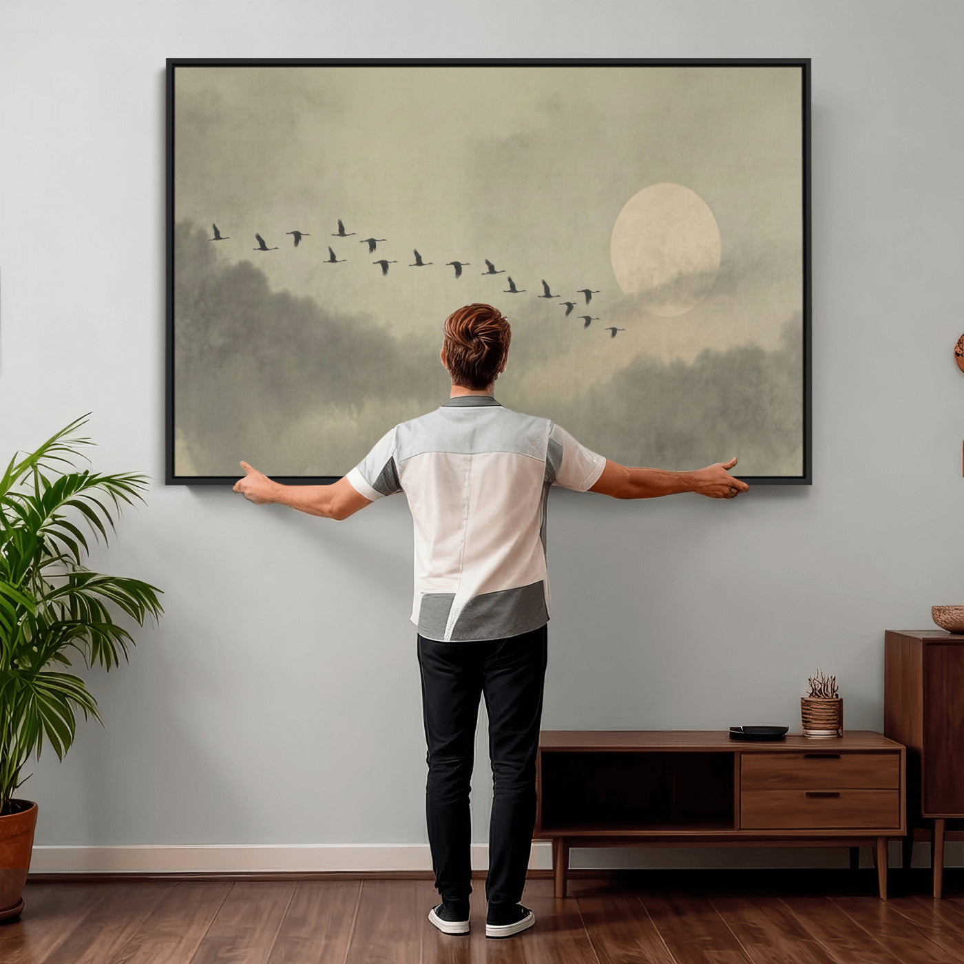 12098149-MGV-CV-36X24 - Flock of Birds Flying to Full Moon Wall Art Canvas Print - Vintage Surreal Clouds Painting