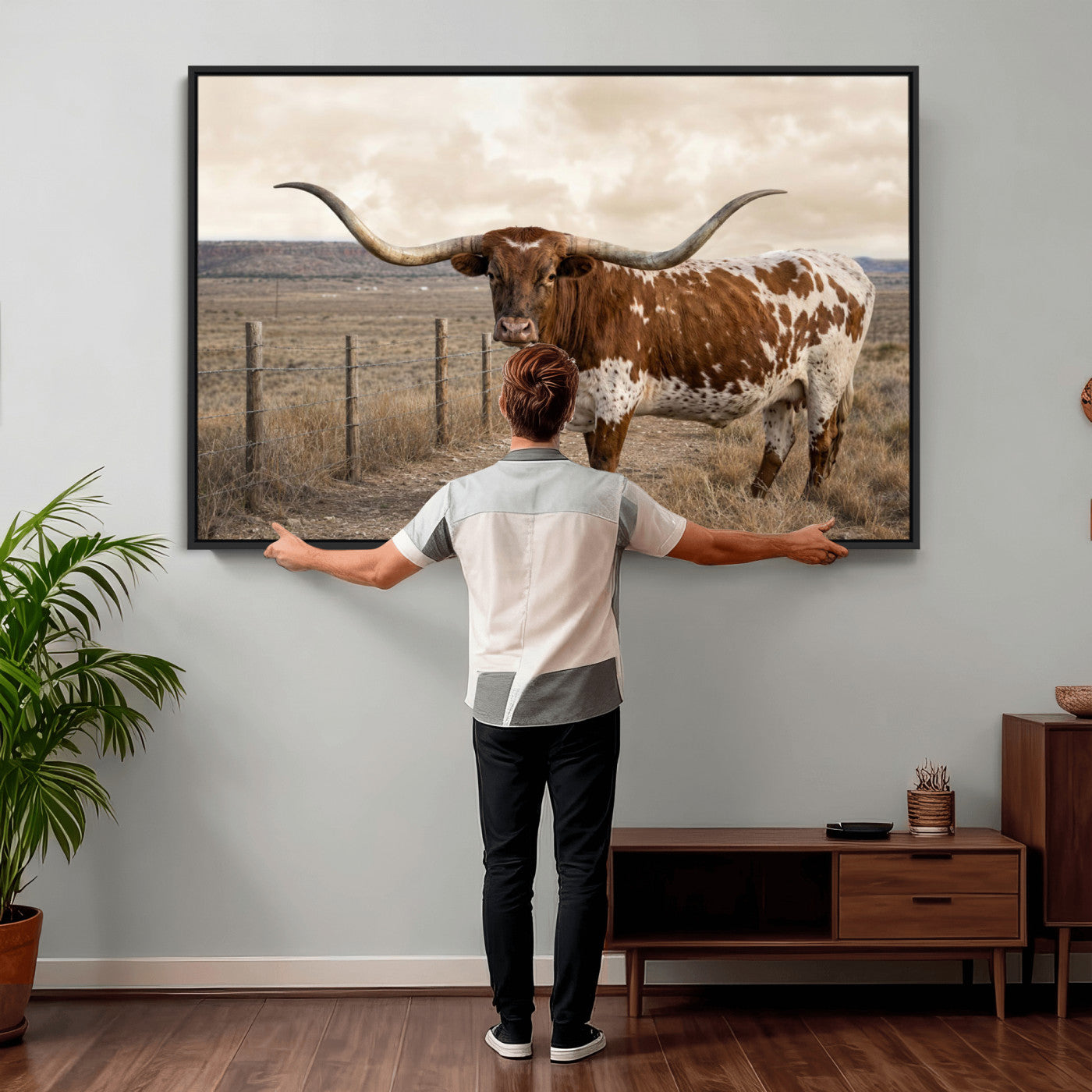 22808364-MGV-CV-36X24 - Texas Longhorn Cattle in Desert Pasture Wall Art Canvas Print - Rustic Western Decor