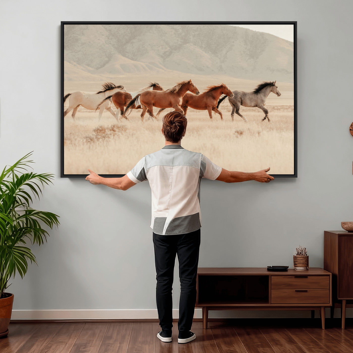 43348446-MGV-CV-36X24 - Herd of Wild Horses Running in Desert Mountain Wall Art Canvas Print - Boho Western Landscape