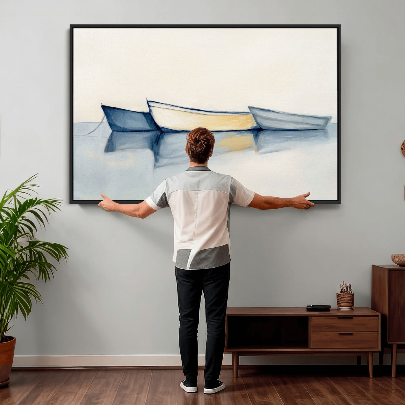 84017361-MGV-CV-36X24 - Abstract Three Boats Reflecting on Water Wall Art Canvas Print - Minimalist Coastal Seascape