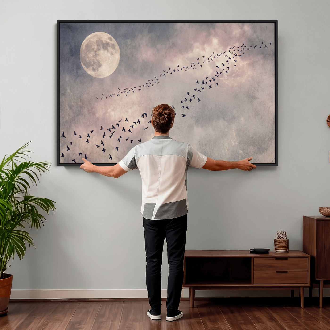 52339590-MGV-CV-36X24 - Birds Flying to Moon Wall Art Canvas Print - Vintage Surreal Night Sky Sky Print