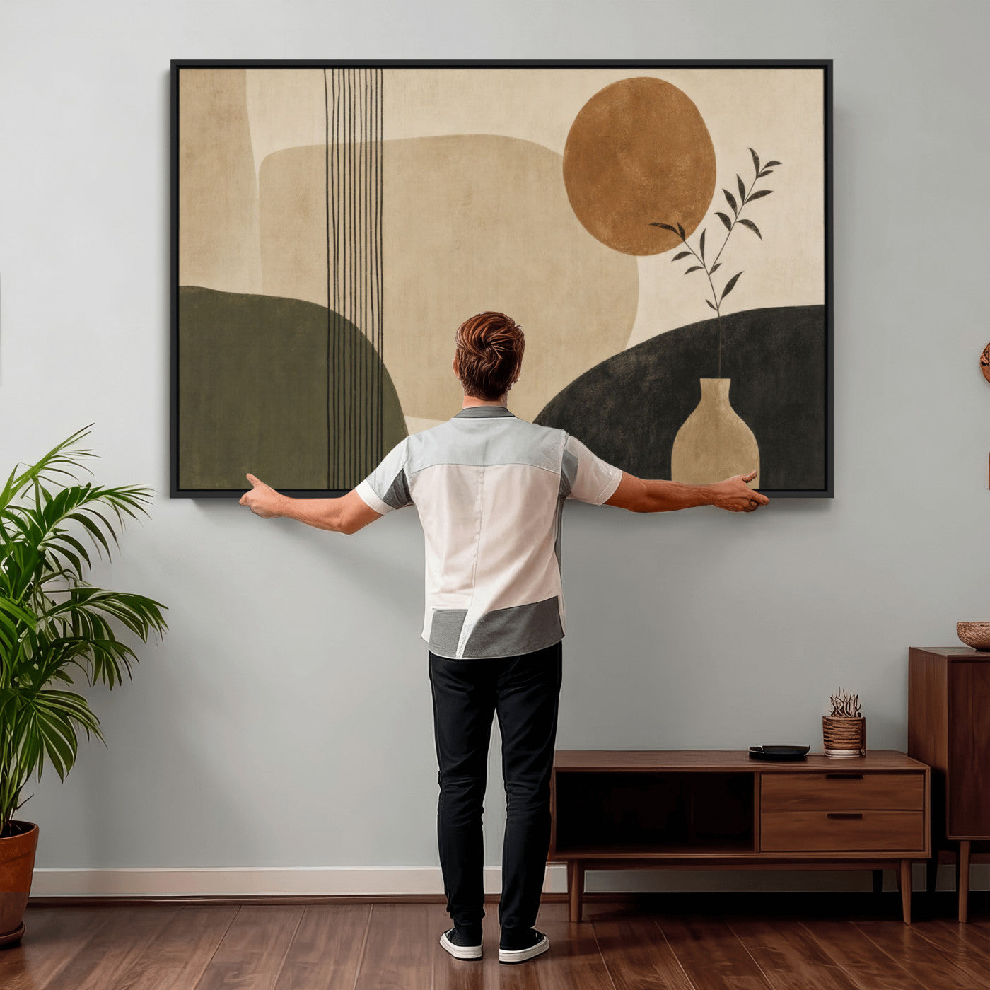 29113684-MGV-CV-36X24 - Japandi Minimalist Abstract Wall Art Canvas Print, Sage Green and Terracotta Sun Botanical Painting Print