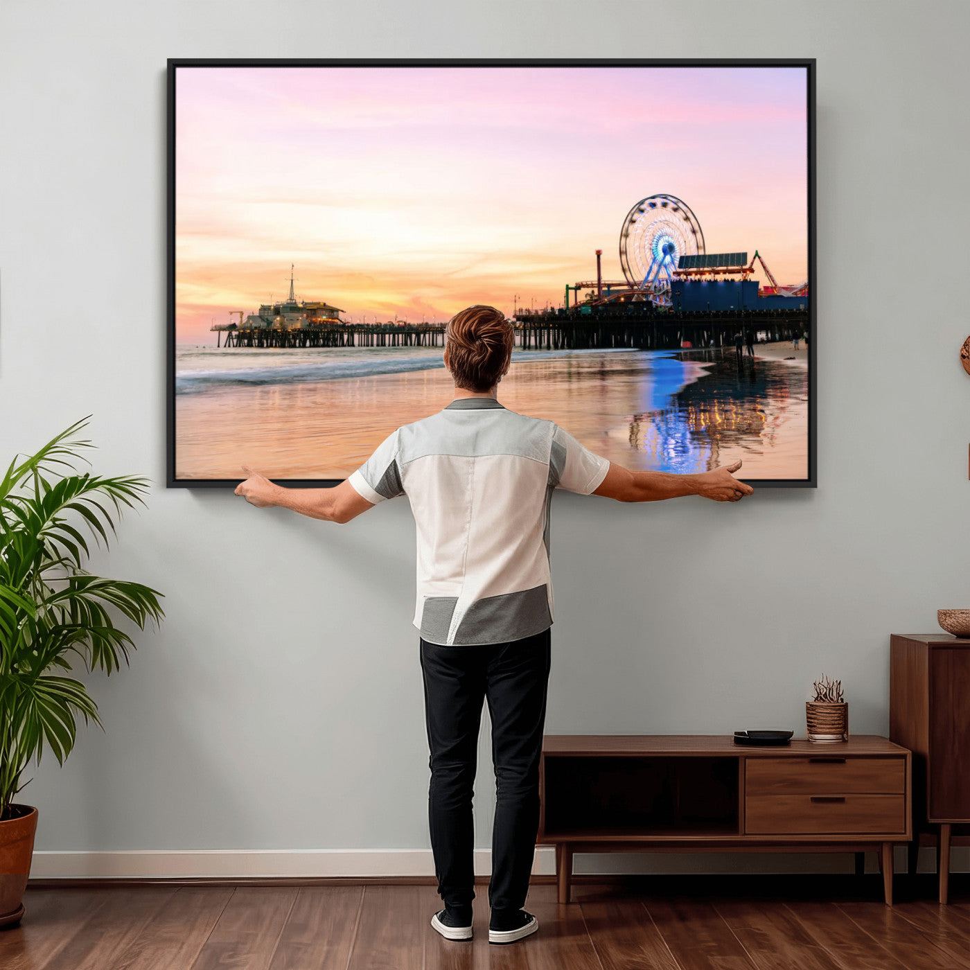 27381272-MGV-CV-36X24 - Santa Monica Pier Sunset Beach Wall Art Canvas Print, California Ferris Wheel Photo Print