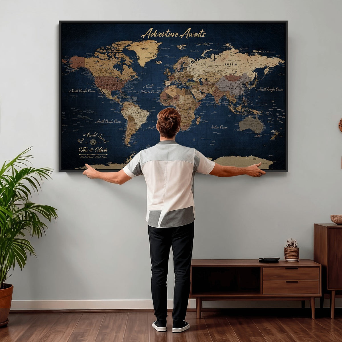 74477969-MGV-CV-36X24 - Custom Push Pin Travel Map Canvas Print, Family Travel Tracker, Study and Entryway Decor