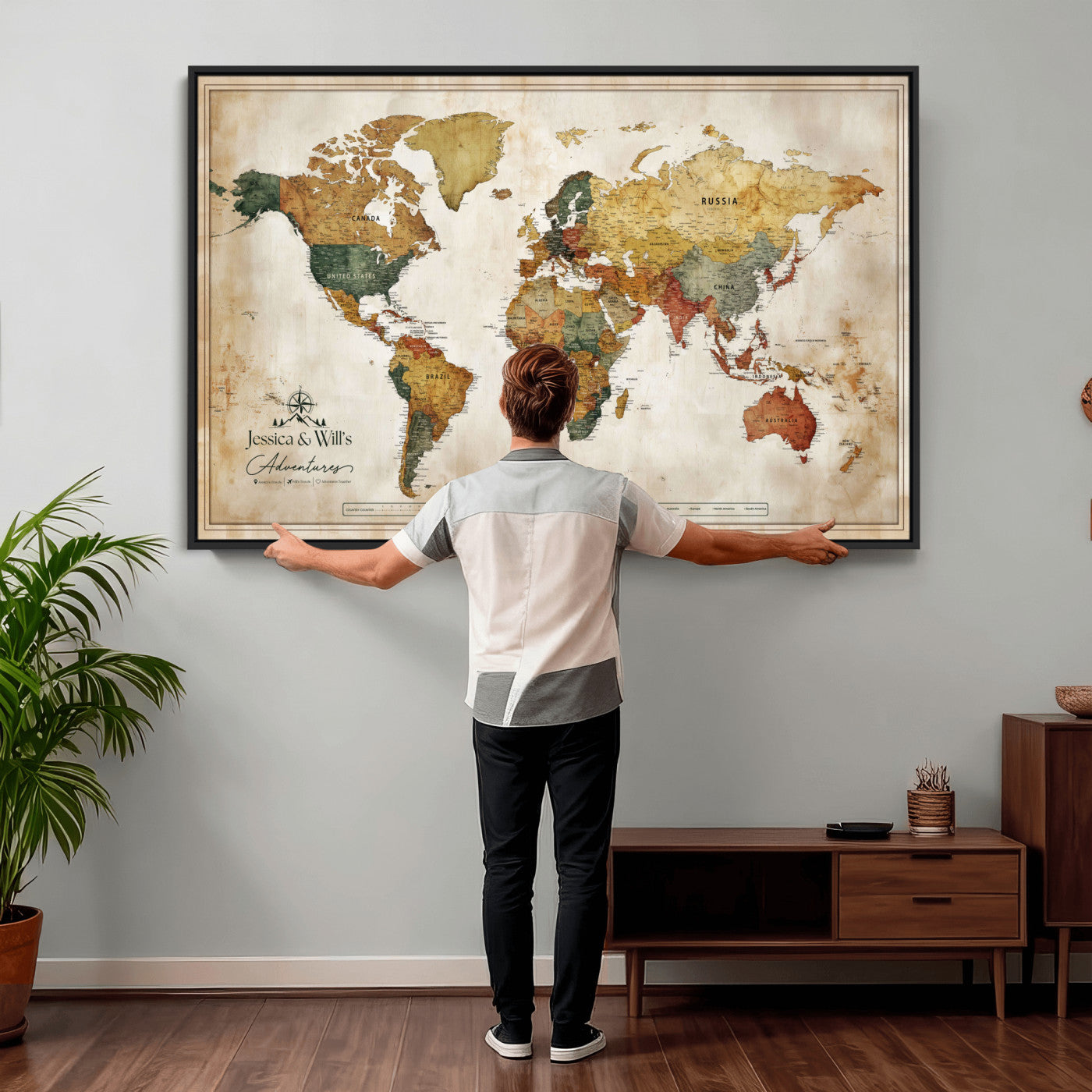 19542567-MGV-CV-36X24 - Custom Push Pin World Map Canvas | Personalized Travel Tracker | Wedding Anniversary Gift for Couples - Adventure Map Wall Art with Pins
