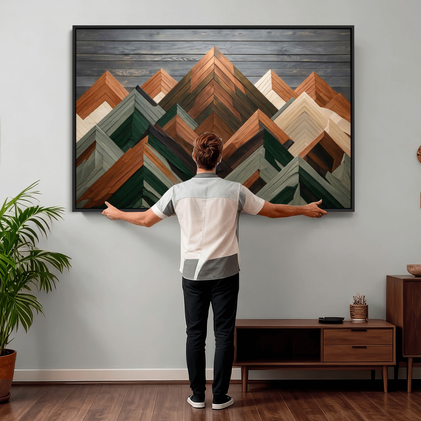 84617347-MGV-CV-36X24 - Geometric Wood Mountain Wall Art Canvas Print, 3D Look Rustic Mosaic Landscape Print