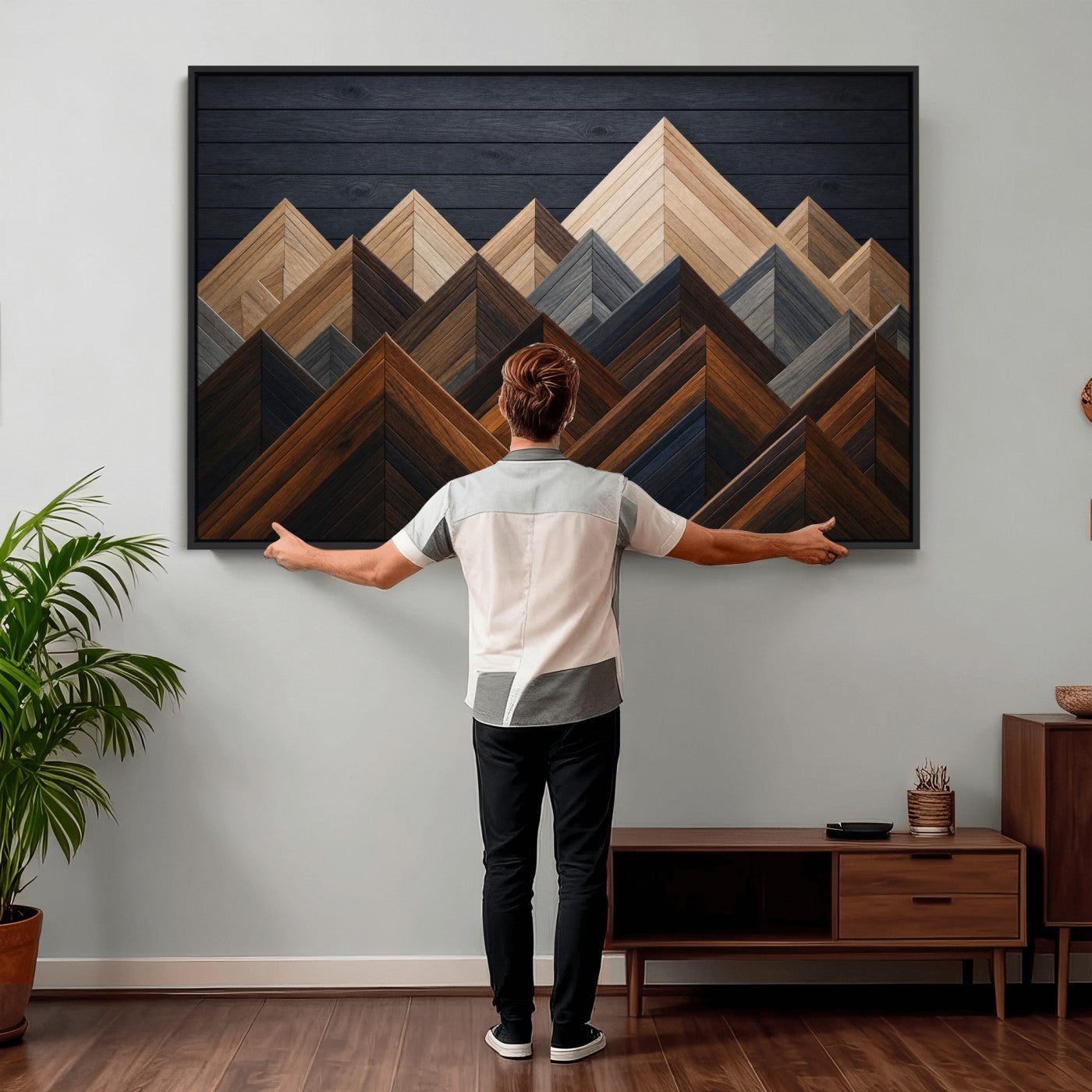 70531117-MGV-CV-36X24 - Geometric Wood Mountain Wall Art Canvas Print, 3D Look Rustic Mosaic Landscape Print