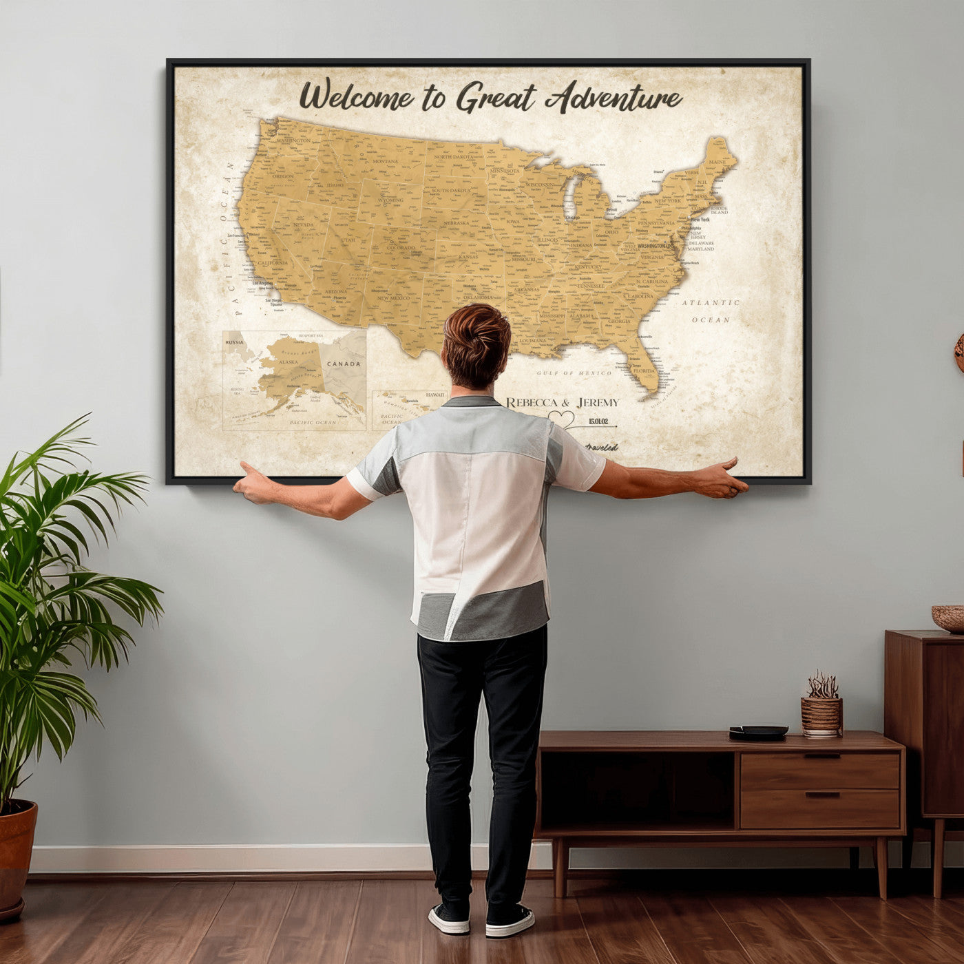 81437082-MGV-CV-36X24 - Custom Push Pin Travel USA Map Canvas Print, Cream Personalized Travel Tracker America Map, Anniversary Traveler Gift