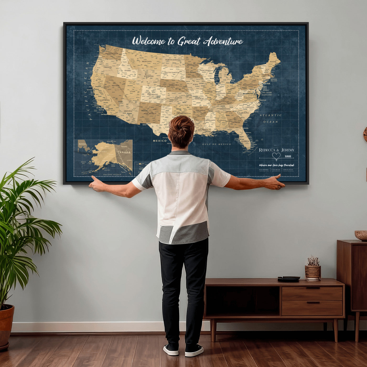 58851035-MGV-CV-36X24 - Custom Push Pin Travel USA Map Canvas Print, Cream Personalized Travel Tracker America Map, Anniversary Traveler Gift