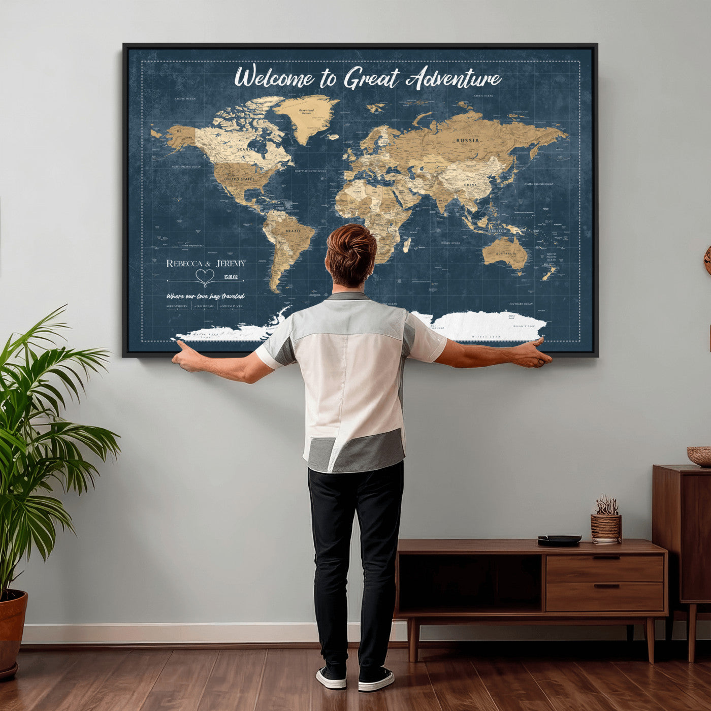 57167164-MGV-CV-36X24 - Custom Push Pin Travel Map Canvas Print, Cream Personalized Travel Tracker Map, Anniversary Gift, Vintage World Map Wall Art