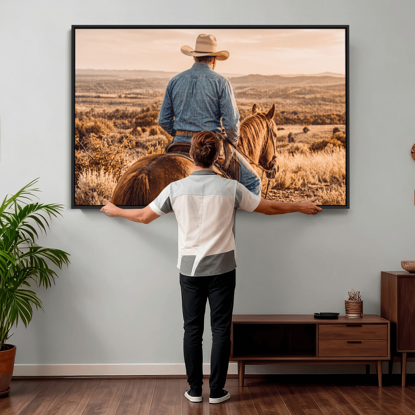 62076449-MGV-CV-36X24 - Texas Cowboy and Horse Print for Western Wall Art Decor for Farmhouse