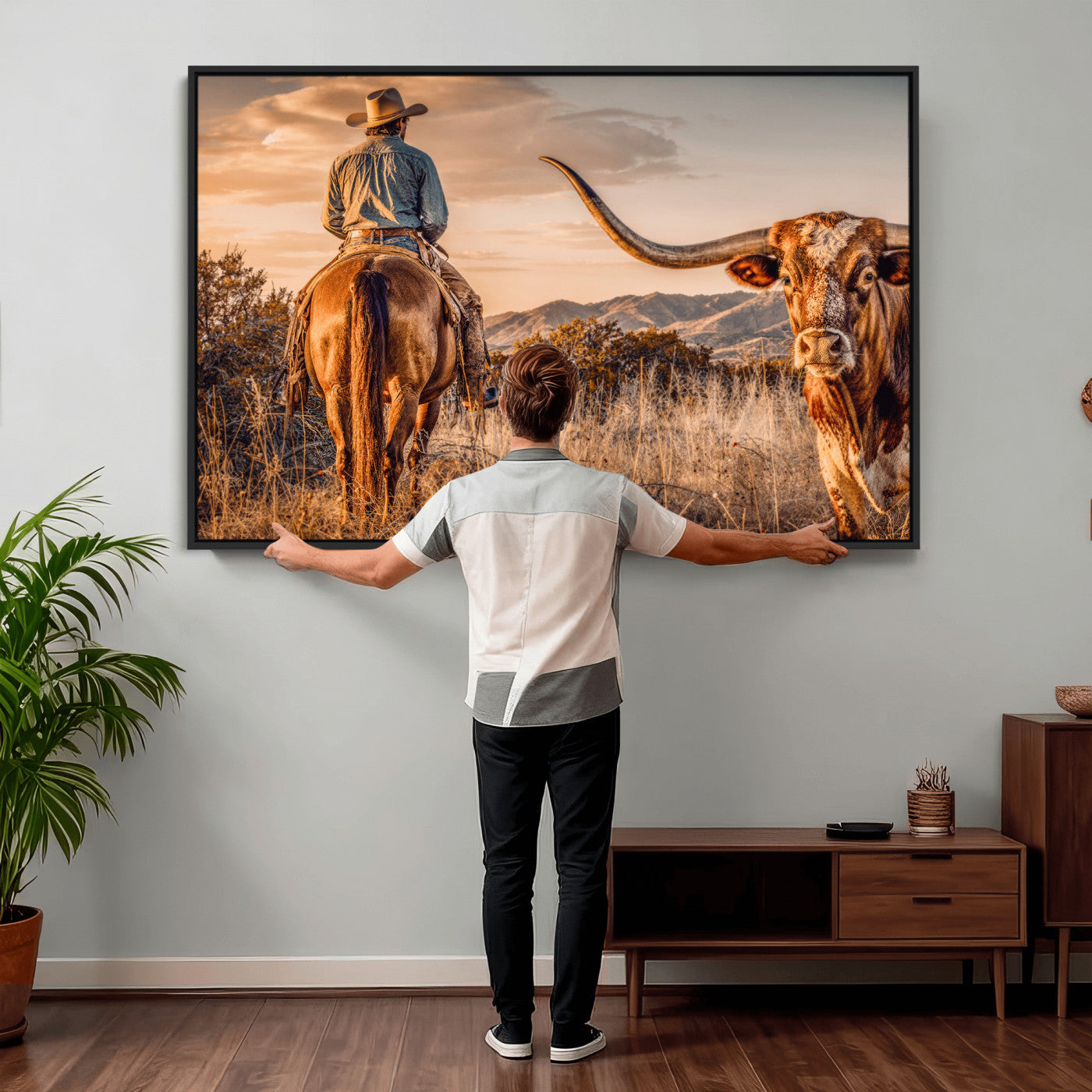62076449C-MGV-CV-36X24 - Texas Cowboy and Longhorn Bull Print for Western Wall Art Decor for Farmhouse