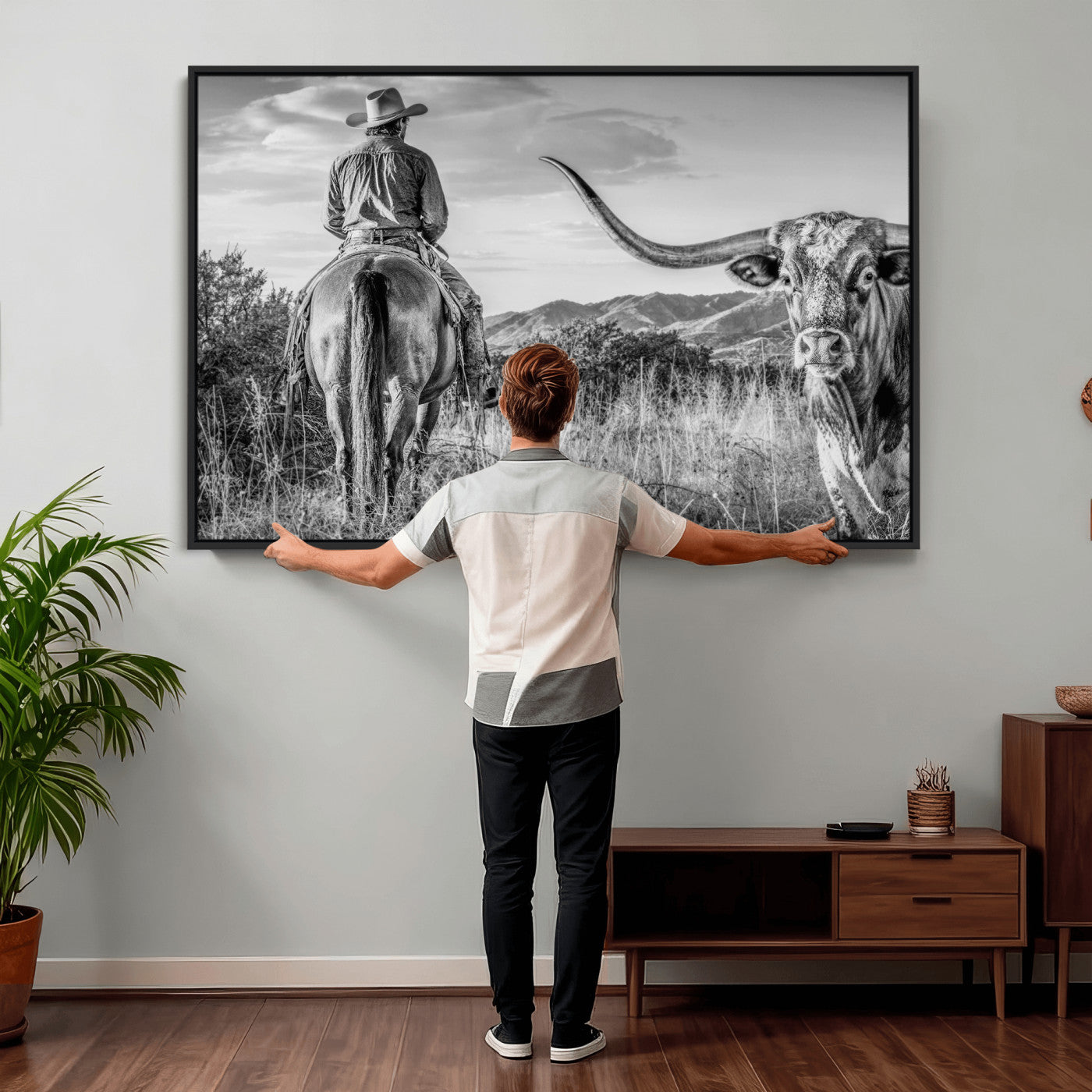 62076449WB-MGV-CV-36X24 - Texas Cowboy and Longhorn Bull Print for Western Wall Art Decor for Farmhouse