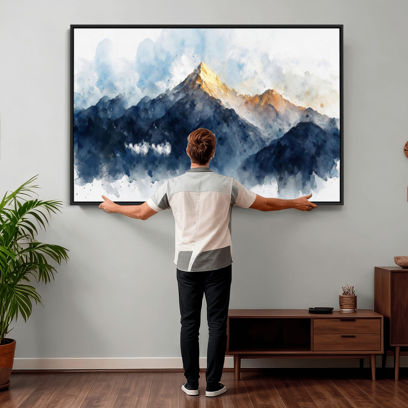 62076449DG1-MGV-CV-36X24 - Abstract Watercolor Mountain Lake Wall Art Print for Living Room Decor