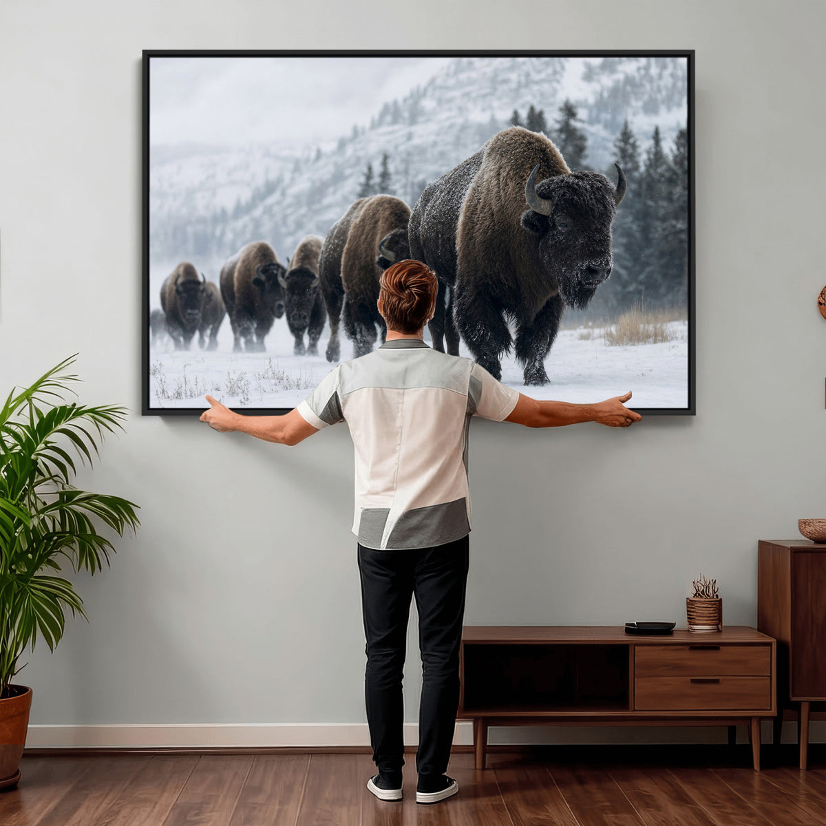 18343289-MGV-CV-36X24 - Rustic Bison Wall Art, American Buffalo Photo Print, Wildlife Canvas Artwork, Snowy Mountain Decor, Large Nature Poster, Cabin Gift Idea