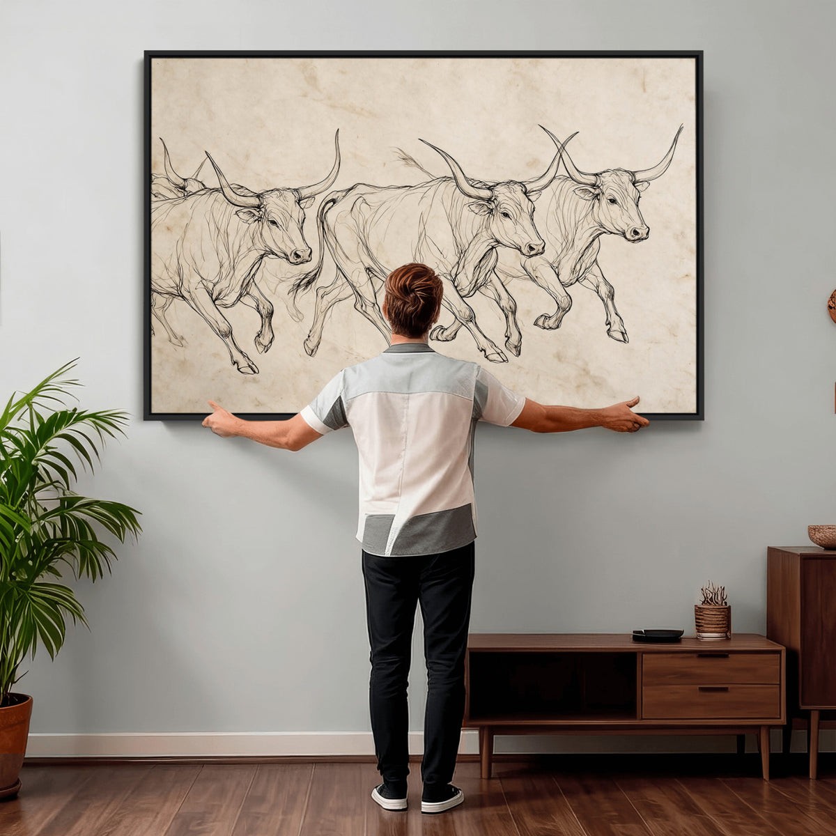 87177621-MGV-CV-36X24 - Minimalist Longhorn Line Art, Modern Texas Bull Canvas Print, Abstract Western Wall Decor, Continuous Line Artwork, Black White Ranch Gift