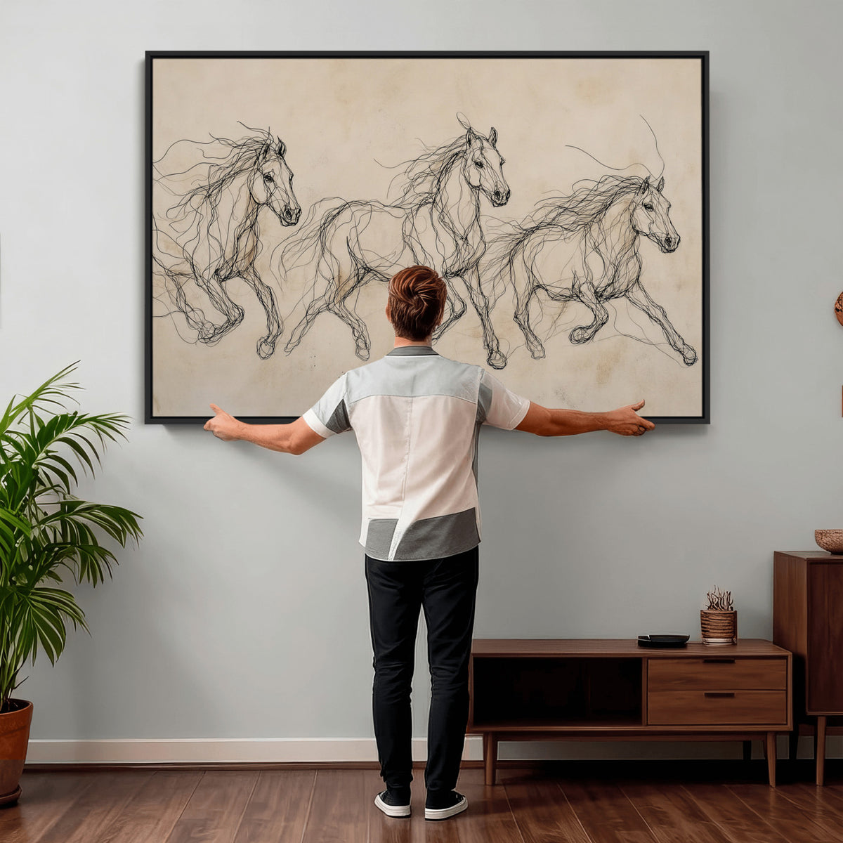 81051673-MGV-CV-36X24 - Abstract Horse Line Art Canvas, Gesture Sketch Wild Horses Print, Modern Scribble Artwork, Minimalist Equine Wall Decor, Rustic Studio Gift