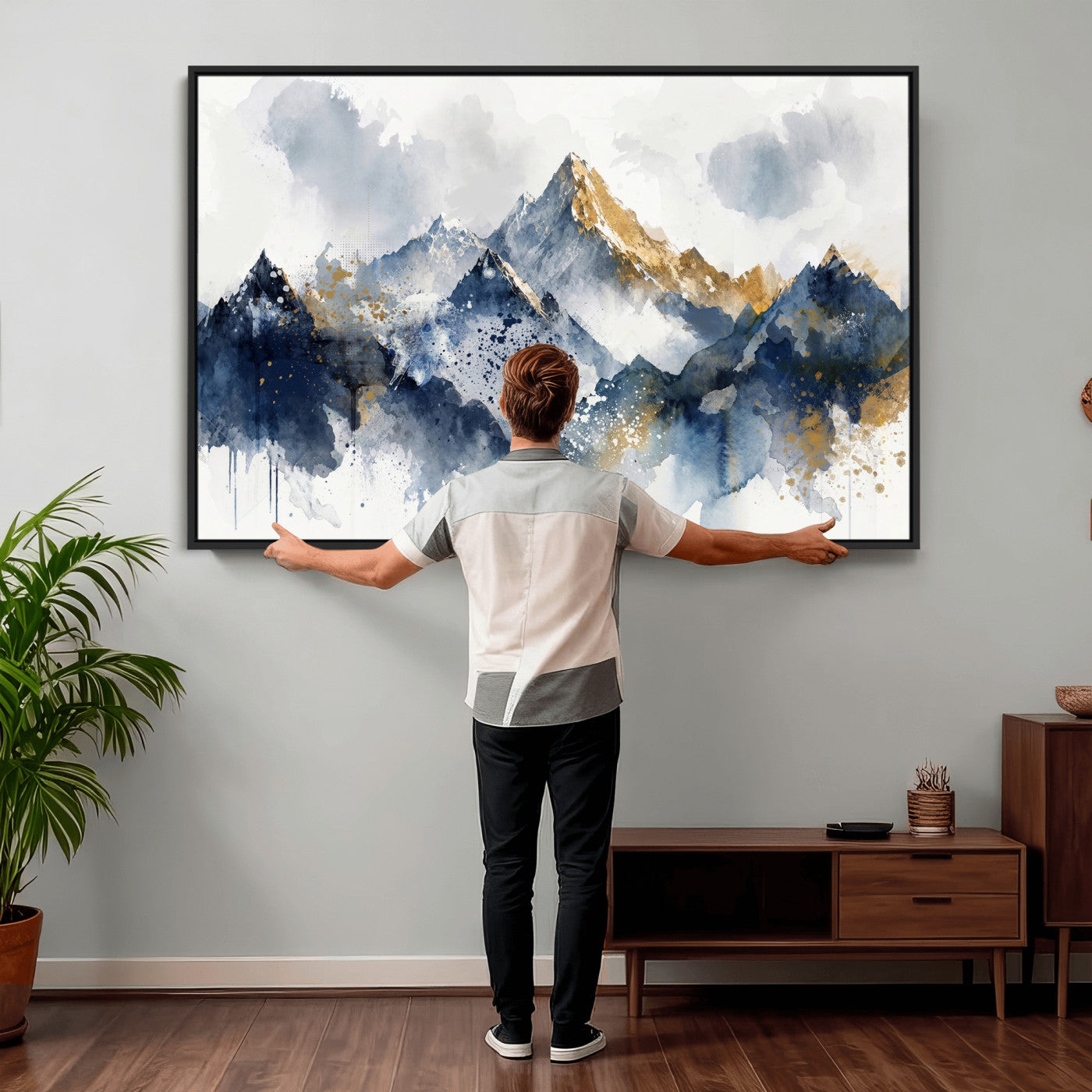 87460616-MGV-CV-36X24 - Abstract Mountain Canvas Wall Art, Blue Gold Foil Landscape Print, Modern Indigo Watercolor Poster, Large Abstract Nature, Luxury Office Gift