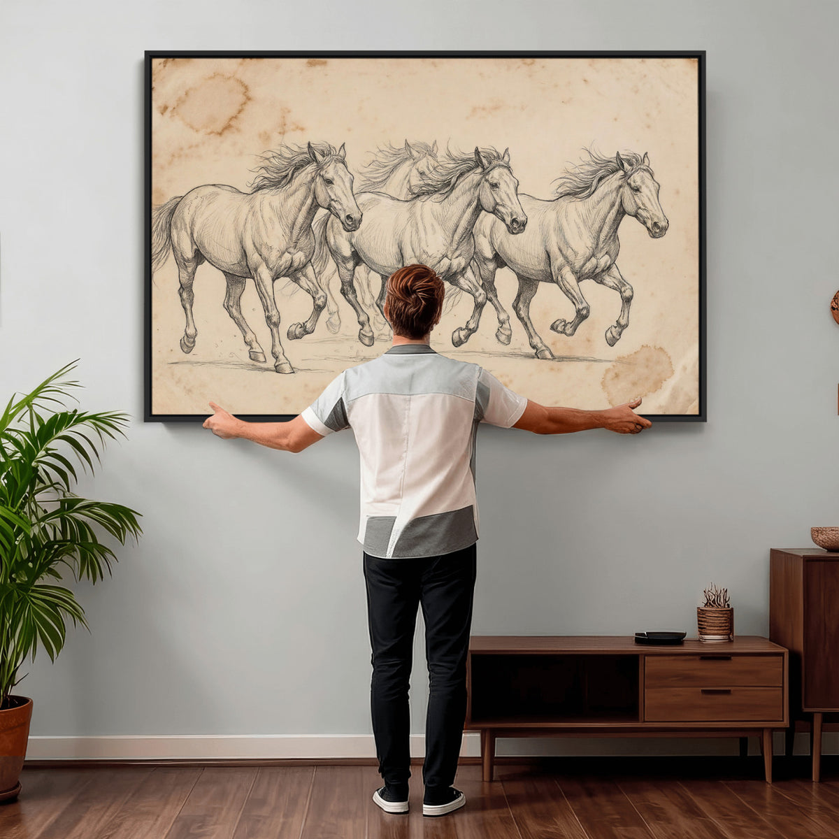 16644391-MGV-CV-36X24 - Vintage Horse Sketch Canvas Wall Art, Wild Horses Pencil Drawing Print, Antique Parchment Western Decor, Equine Sketching, Country Manor Gift