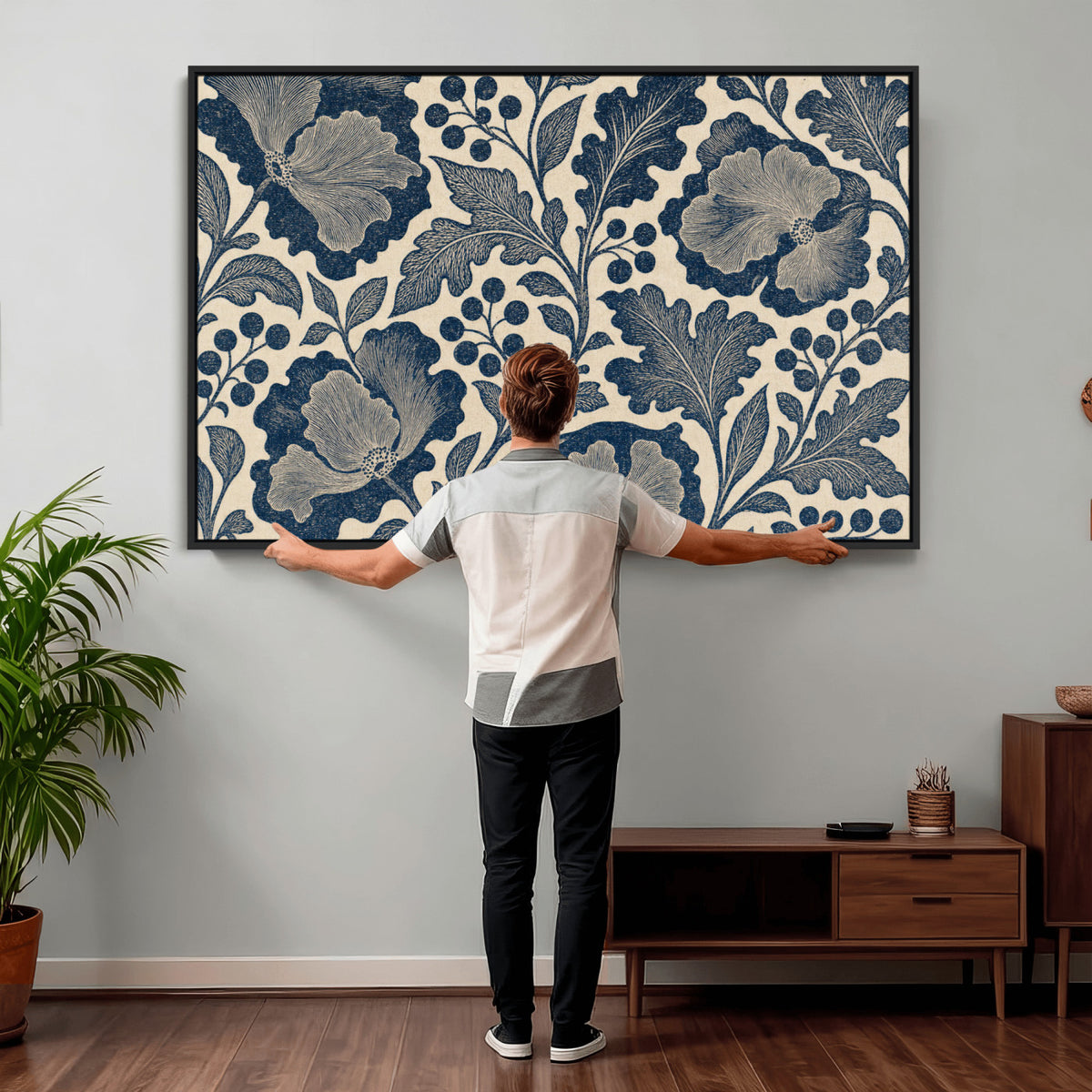 23824002-MGV-CV-36X24 - William Morris Style Navy Blue Floral Wall Art Canvas Print, Vintage Cream Botanical Painting Print