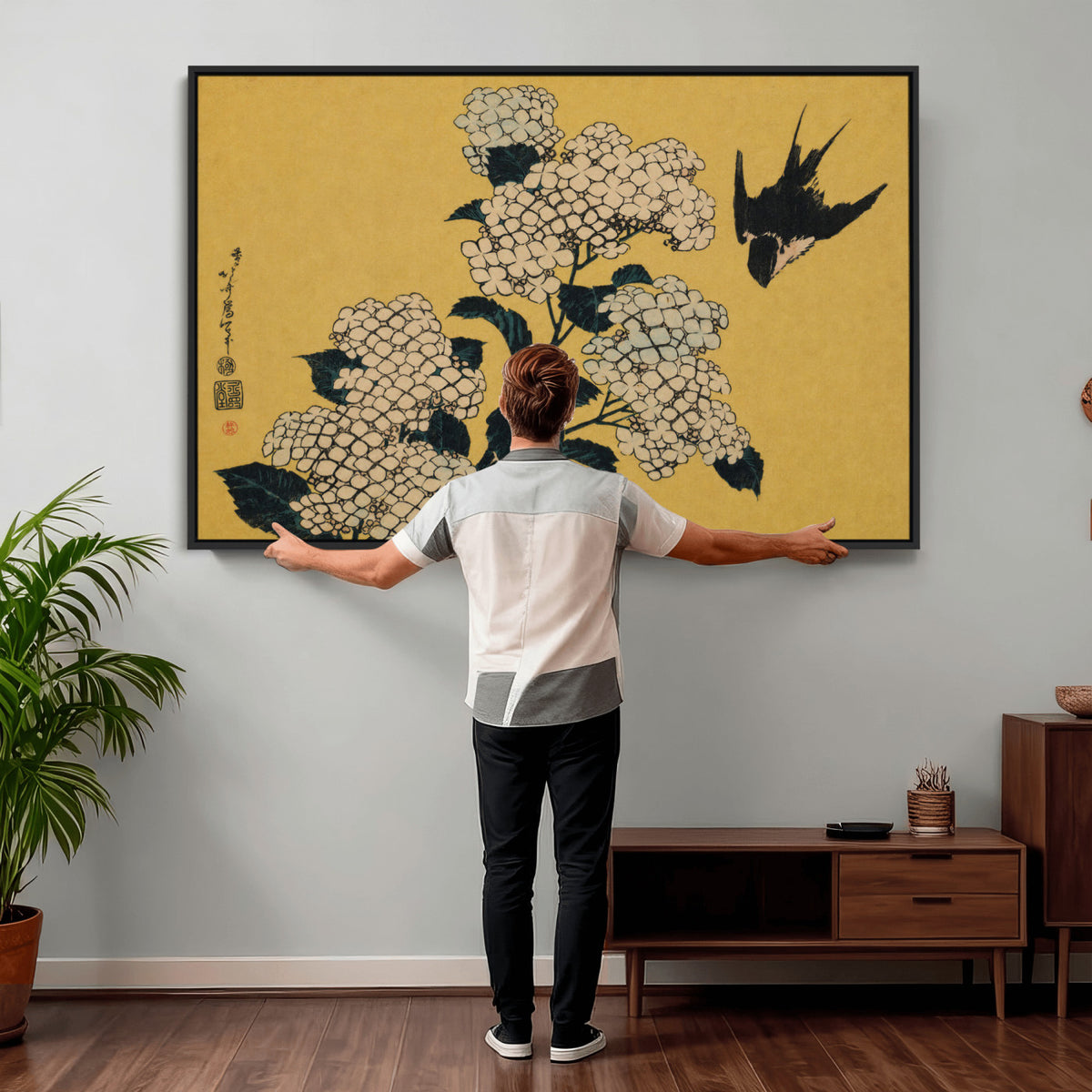 92483501-MGV-CV-36X24 - Katsushika Hokusai Hydrangea and Swallow Wall Art Canvas Print, Japanese Woodblock Painting Print