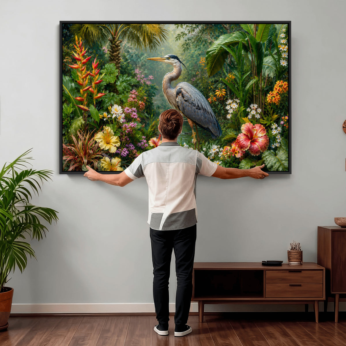 81059387-MGV-CV-36X24 - Great Blue Heron Tropical Jungle Wall Art Canvas Print, Exotic Botanical Garden Painting Print