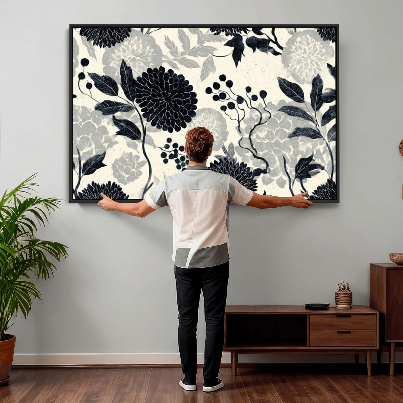 61524791-MGV-CV-36X24 - Vintage Black Chrysanthemum Wall Art Canvas Print, Monochrome Dhalia Floral Painting Print
