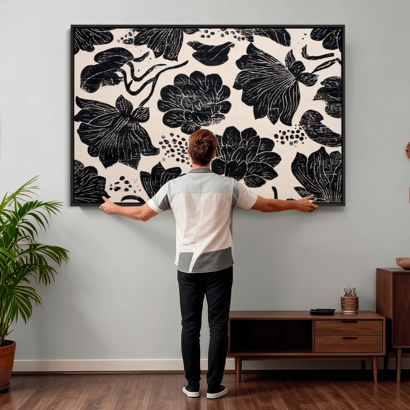 81787117-MGV-CV-36X24 - Linocut Black Lotus Floral Wall Art Canvas Print, Vintage Monochrome Botanical Painting Print