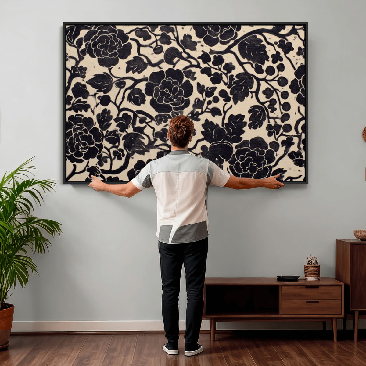 86696255-MGV-CV-36X24 - Vintage Black and Cream Floral Wall Art Canvas Print, Chinoiserie Botanical Painting Print