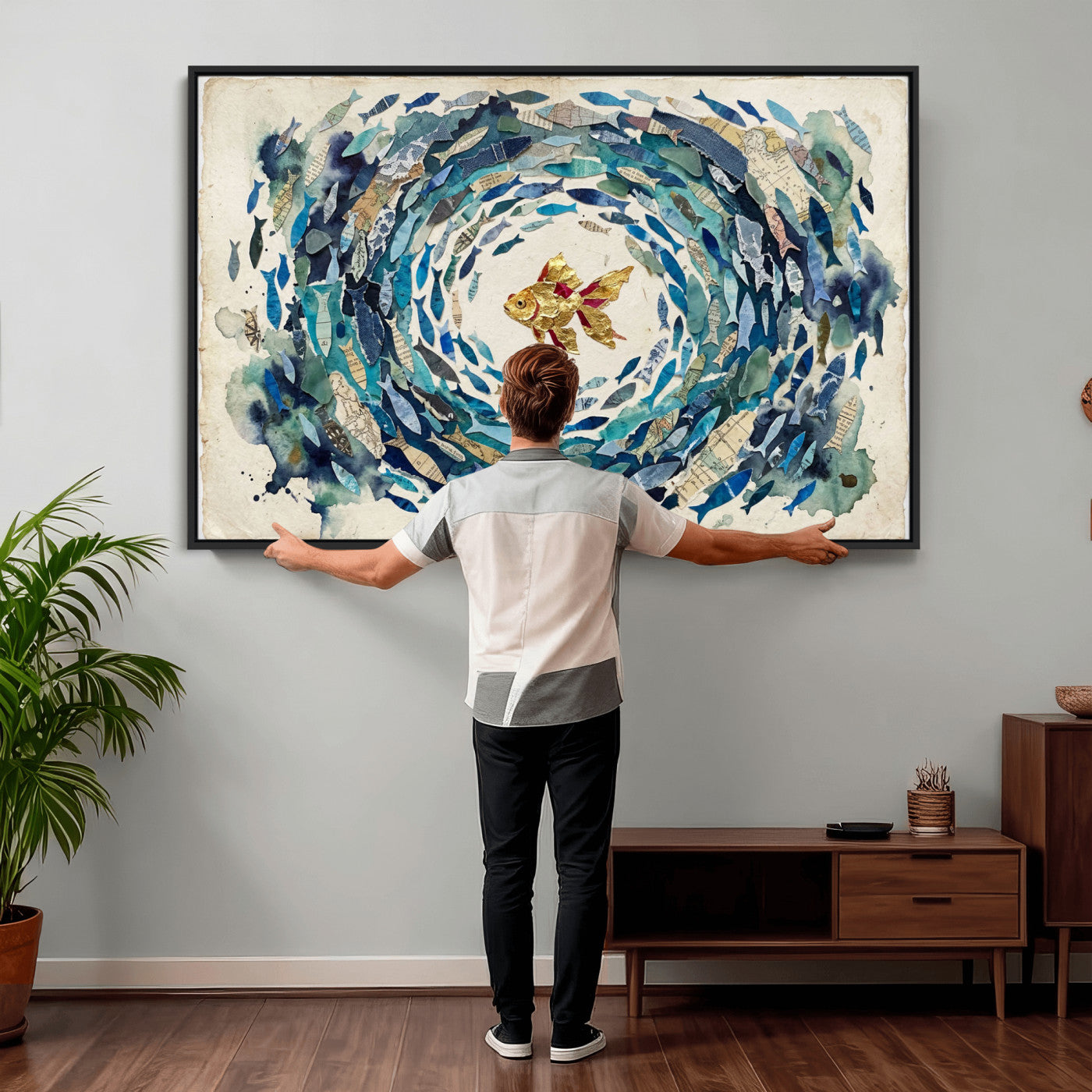 73165663-MGV-CV-36X24 - Mixed Media Blue Fish Swirl Canvas Wall Art, Goldfish Collage Ocean Print