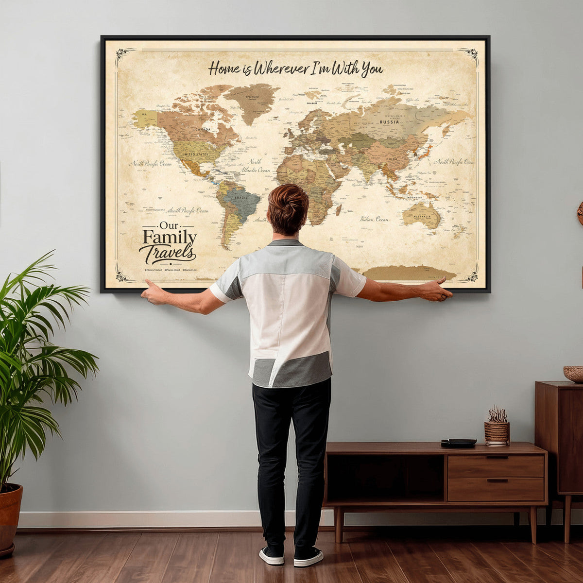 94272126-MGV-CV-36X24 - Our Family Adventures Push Pin World Map Wall Art Canvas Print - Family Travel Tracker Map with Pins