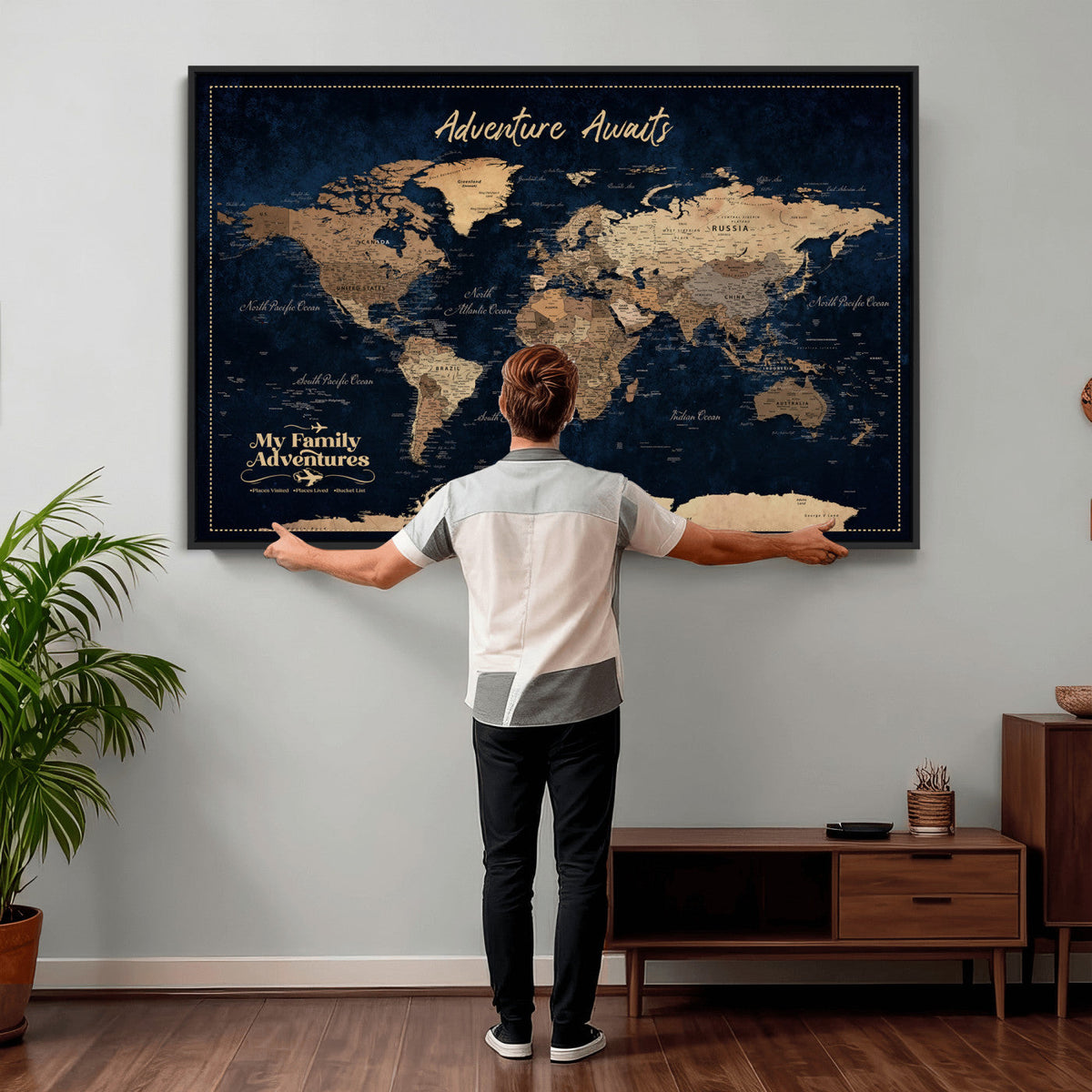 82827666-MGV-CV-36X24 - Our Family Adventures Push Pin World Map Wall Art Canvas Print - Family Travel Tracker Map with Pins