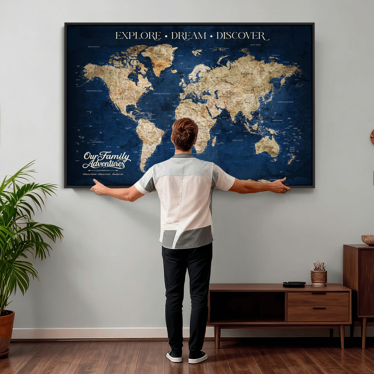 96125512-MGV-CV-36X24 - Our Family Adventures Push Pin World Map Wall Art Canvas Print - Family Travel Tracker Map with Pins