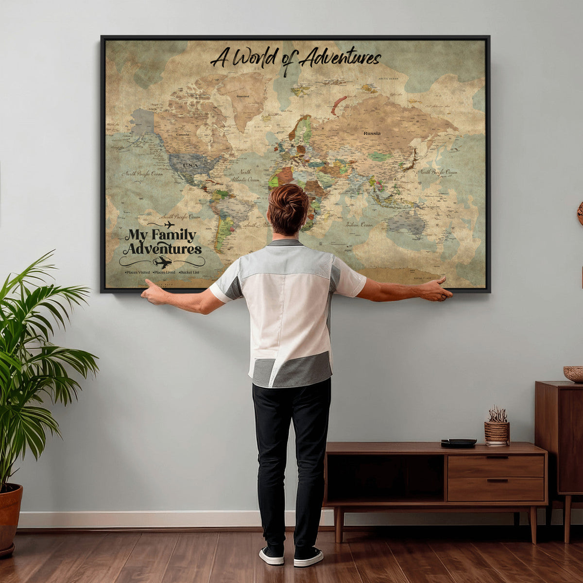 57377793-MGV-CV-36X24 - Our Family Adventures Push Pin World Map Wall Art Canvas Print - Family Travel Tracker Map with Pins