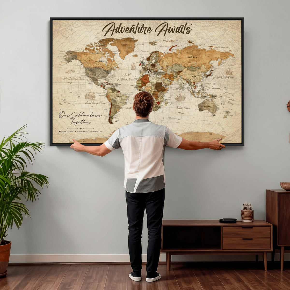 94237870-MGV-CV-36X24 - Our Family Adventures Push Pin World Map Wall Art Canvas Print - Family Travel Tracker Map with Pins