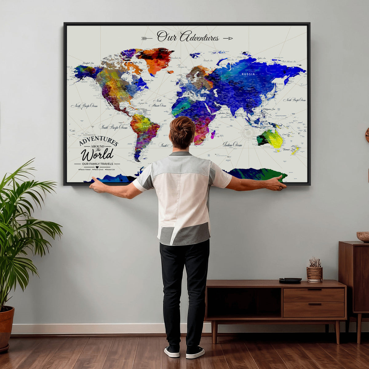 88162438-MGV-CV-36X24 - Our Family Adventures Push Pin World Map Wall Art Canvas Print | Family Travel Tracker Map with Pins