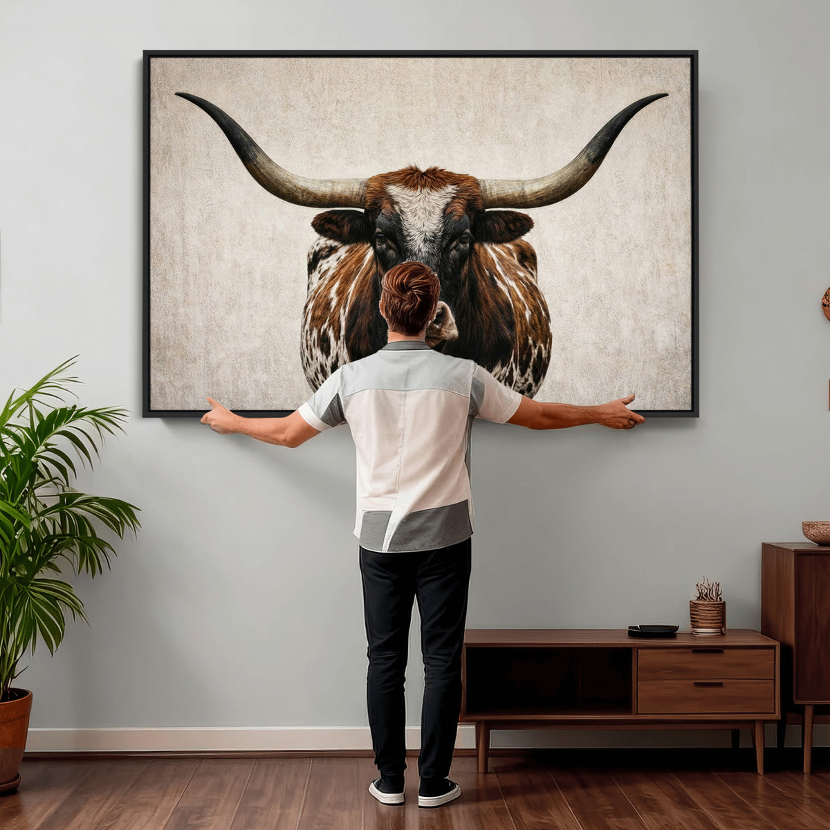 58622065-_Poster-30x20 - Texas Longhorn Canvas Wall Art, Western Bull in a Moody Grey Desert, Rustic Farmhouse Decor for Living Room